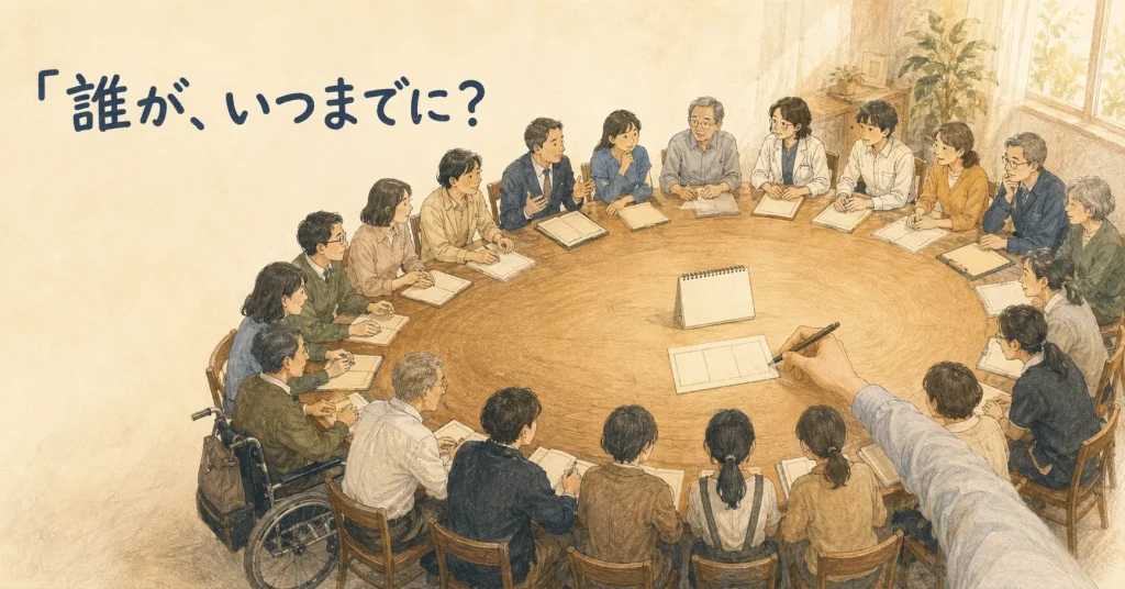支援会議で『誰が、いつまでに？』を確認する様子