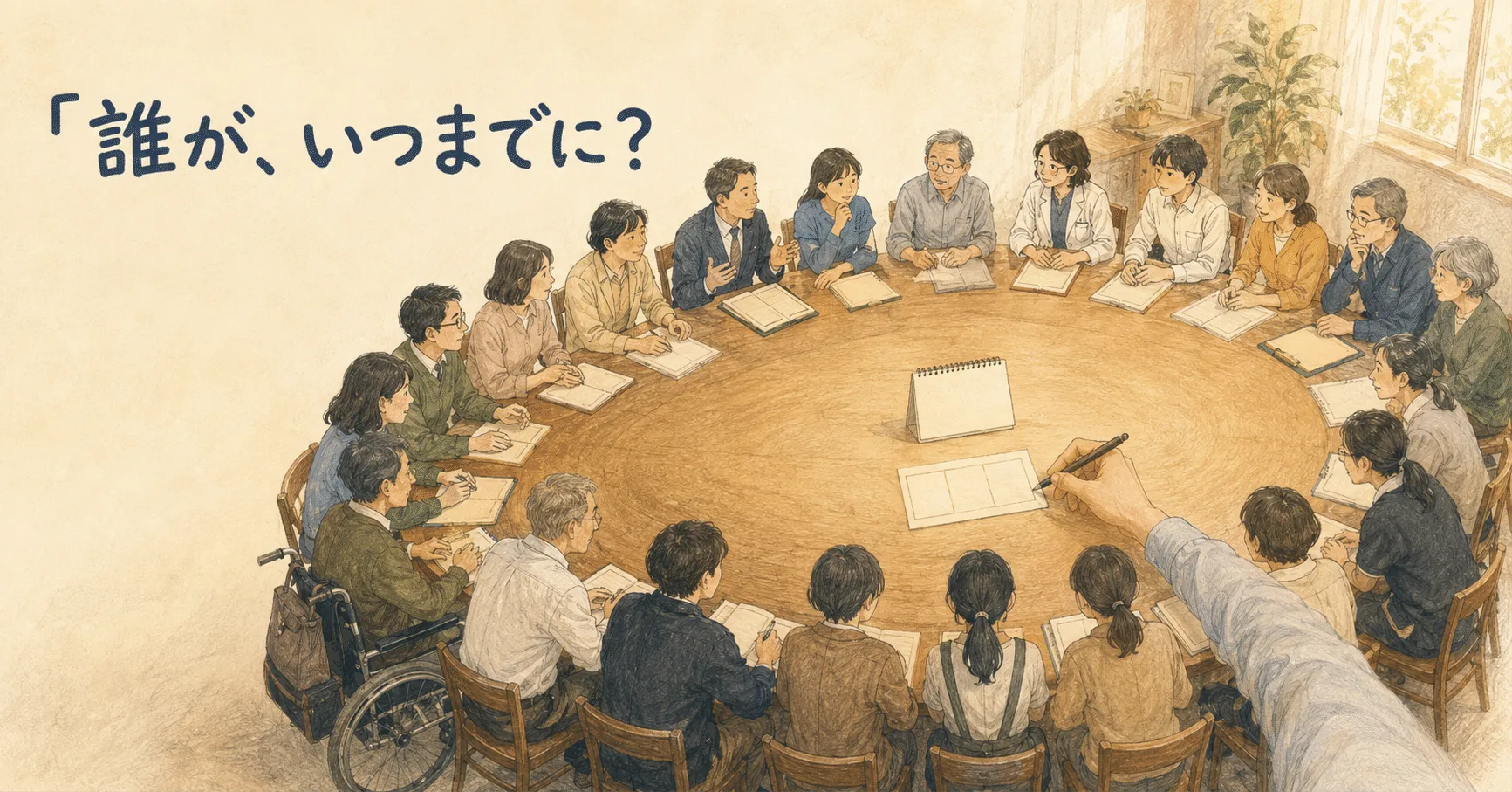 支援会議で『誰が、いつまでに?』を確認する様子