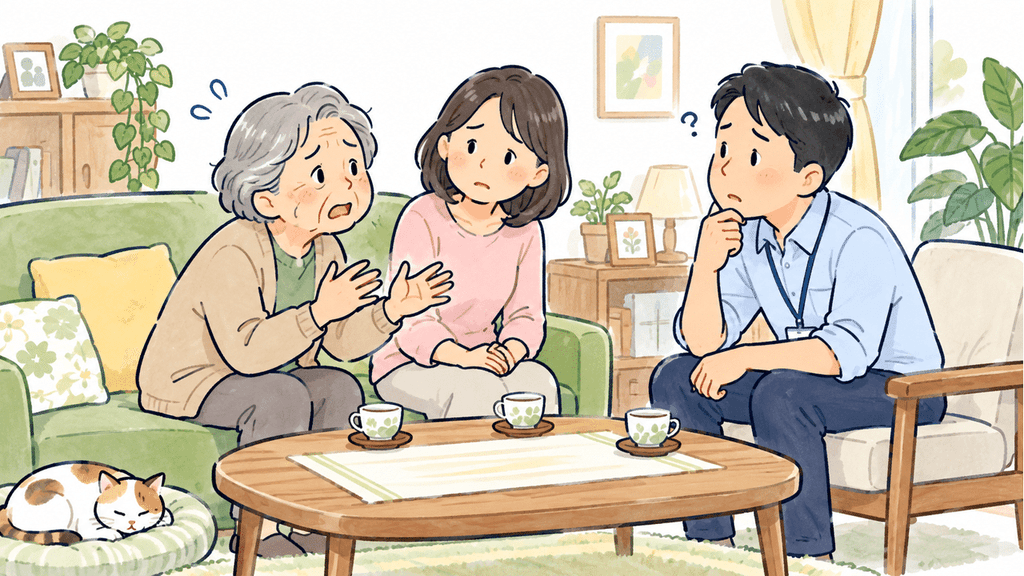 65歳を迎える前に障害福祉サービスについて相談する高齢者と家族