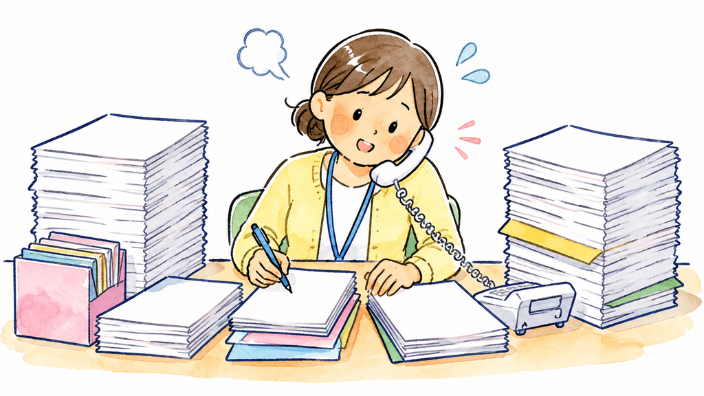 一人で電話対応や書類作成を抱える相談支援専門員のイメージ