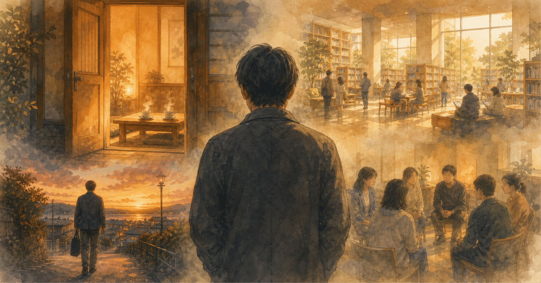 一人で立つ男性の後ろ姿と、図書館や人々が語り合う場、夕暮れの街を描いたイラスト