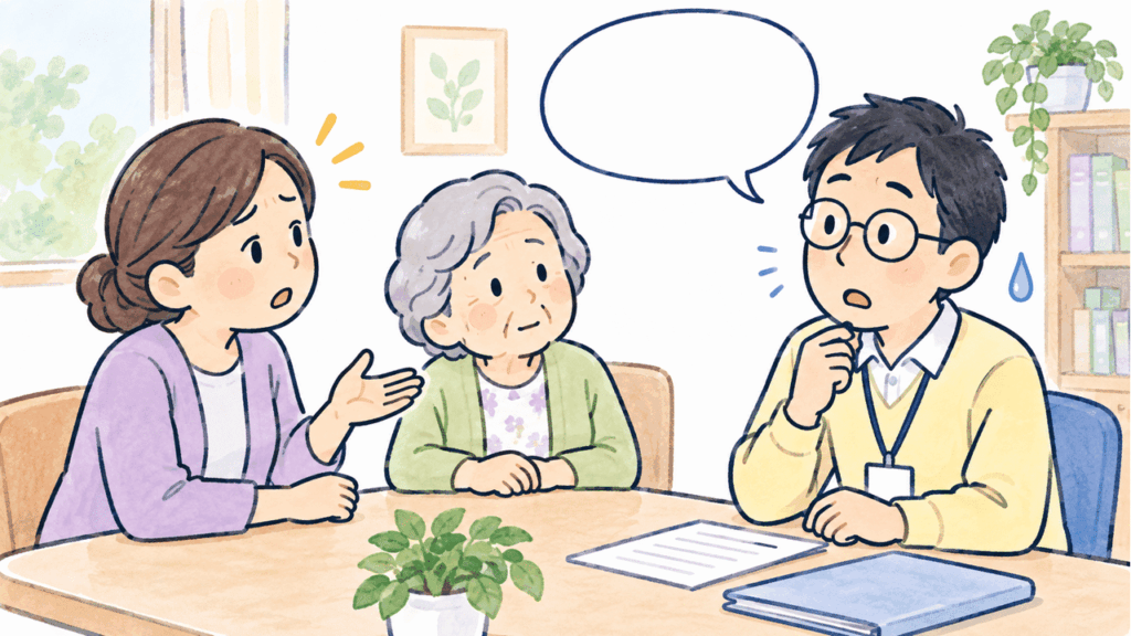 災害時の避難について本人・家族・支援者で話し合う様子のイラスト