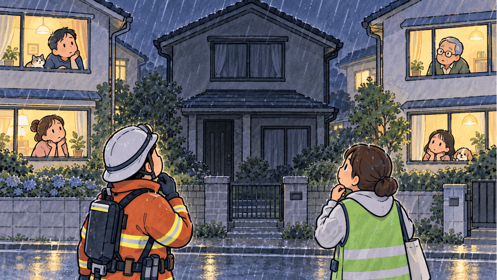 大雨の中で支援が必要な人の家を確認する消防隊員と地域の支援者のイラスト