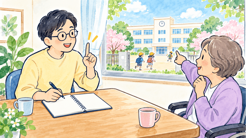 支援者と本人が学校を指さし災害時の避難先を確認しているイラスト