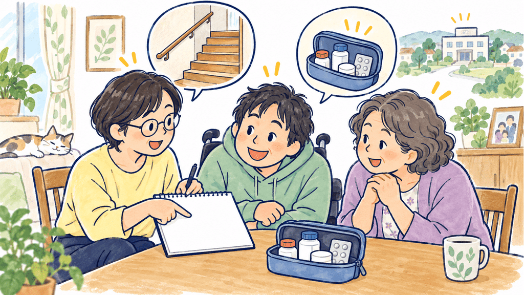 階段・薬・避難先などを確認しながら個別避難計画について話し合う本人・家族・支援者のイラスト