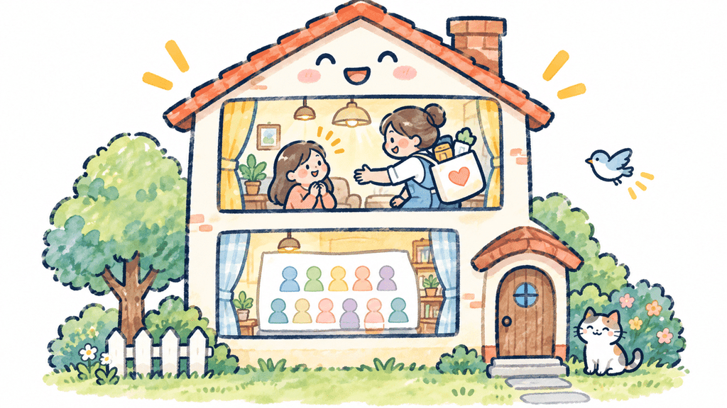 支援を必要とする人の名簿と地域の支援を家に見立てたイラスト