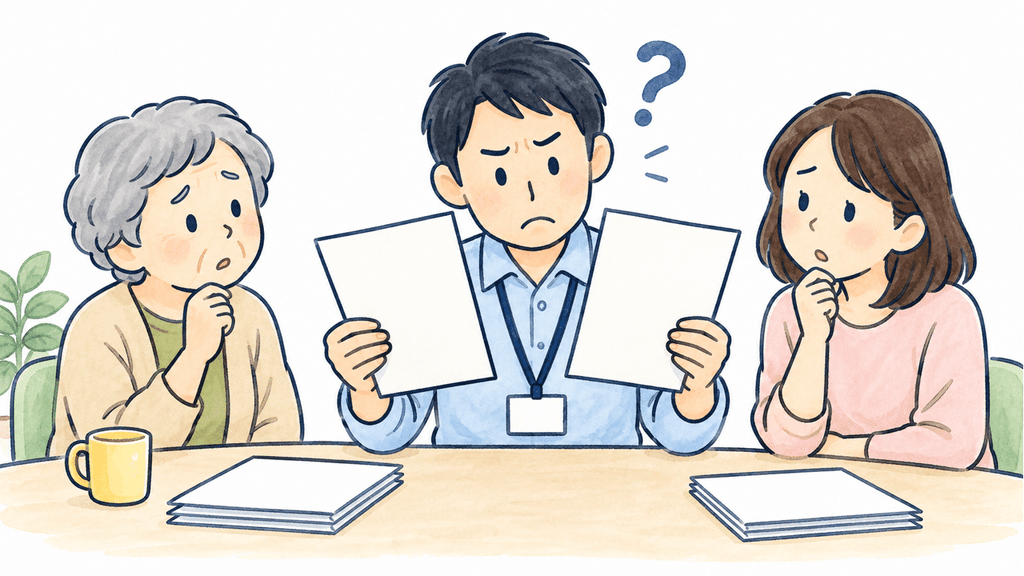 65歳以降のサービス利用について支援者と相談する高齢者と家族