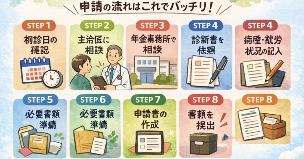 障害年金の申請手順を初診日の確認から書類提出までまとめた図