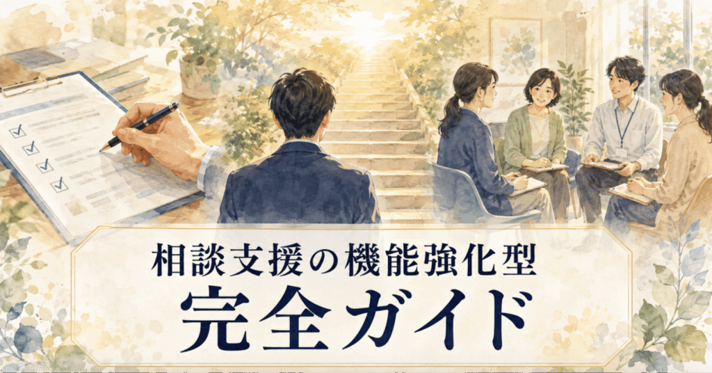 相談支援の機能強化型完全ガイドを表す、書類確認と支援者の打ち合わせのイラスト