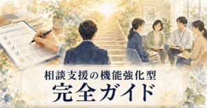 相談支援の機能強化型完全ガイドを表す、書類確認と支援者の打ち合わせのイラスト