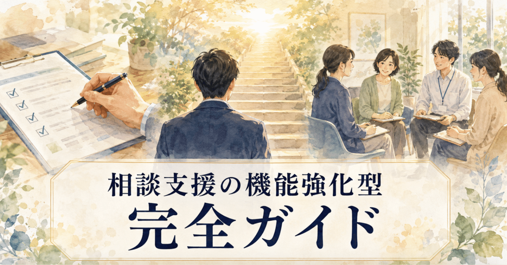 相談支援の機能強化型完全ガイドを表す、書類確認と支援者の打ち合わせのイラスト