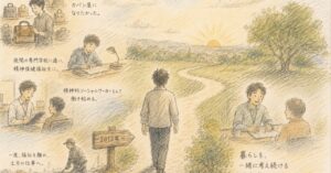 カバン屋を目指していた男性が相談支援専門員になるまでの歩みを描いたイラスト