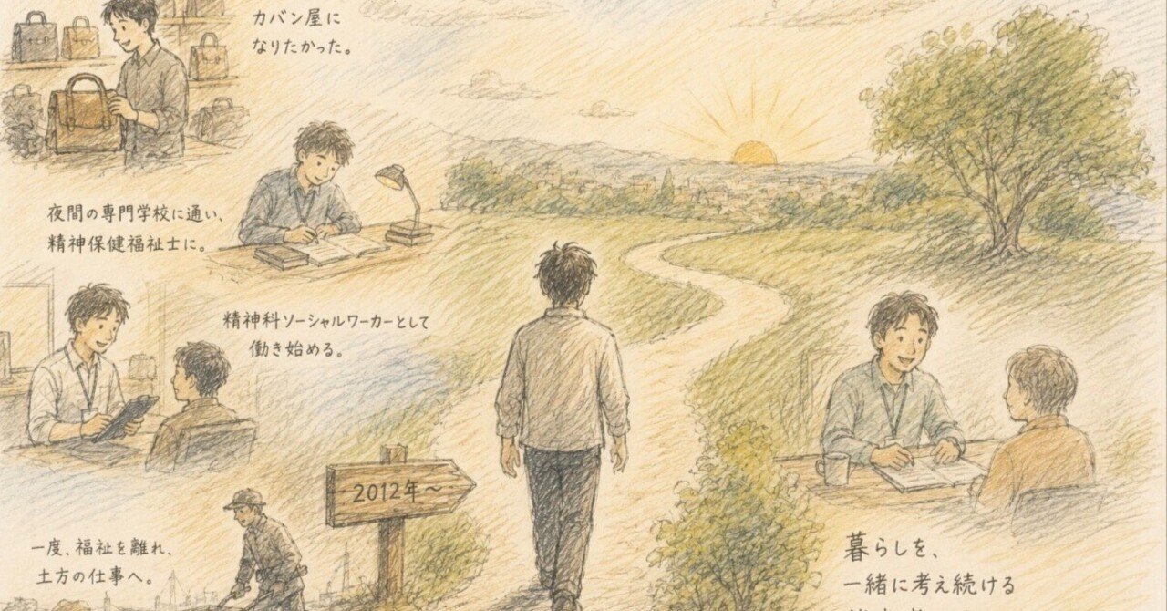 カバン屋を目指していた男性が相談支援専門員になるまでの歩みを描いたイラスト