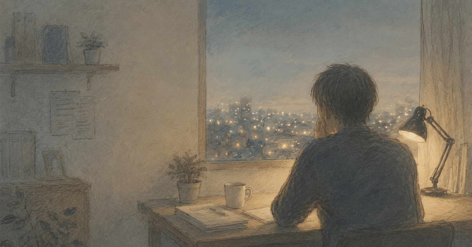 夜の街を窓越しに眺めながら机に座る支援者の後ろ姿のイラスト