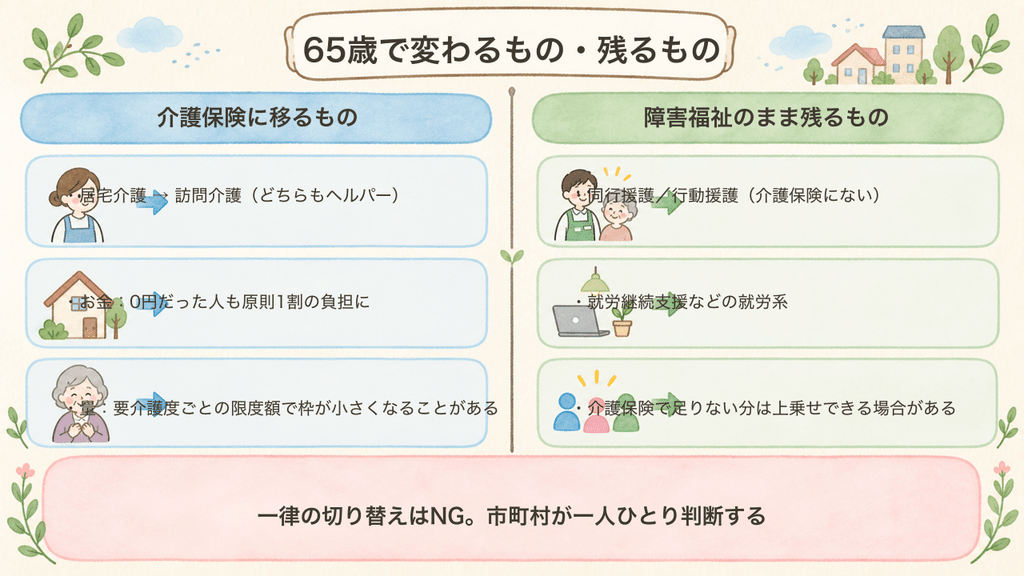 65歳で変わる障害福祉サービスと継続できるサービスを示した図
