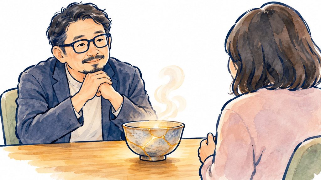 金継ぎされた器を挟み、眼鏡をかけた男性が向かい合う女性の話を穏やかに聞くイラスト