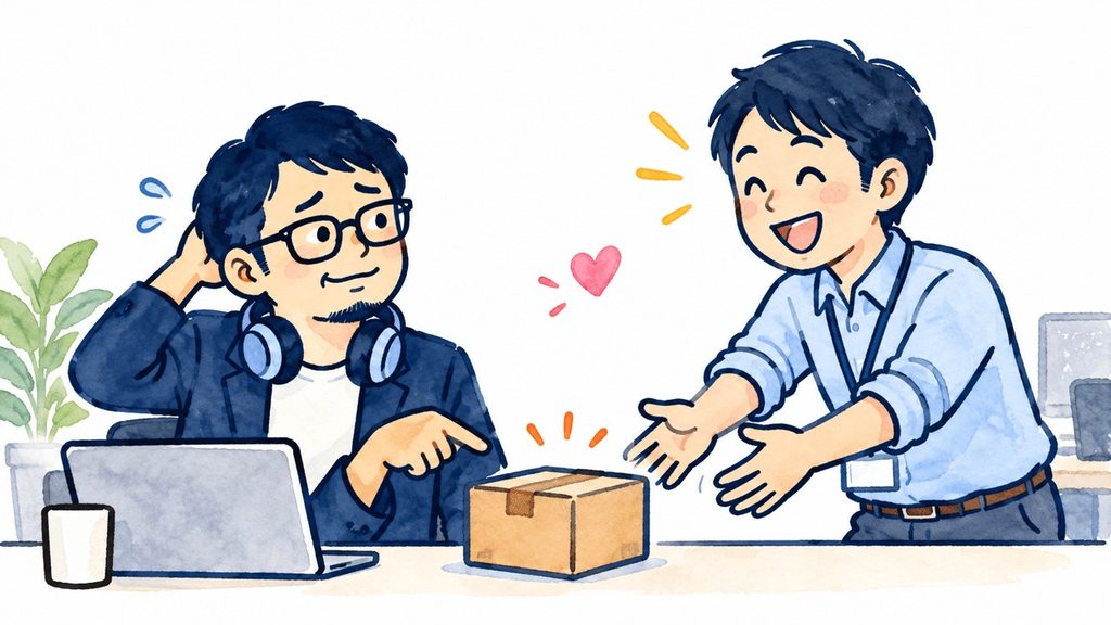 職場で同僚から差し出された手を前に、少し照れながら助けを受け入れようとする男性のイラスト