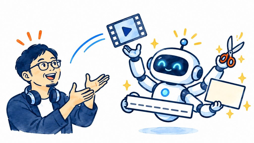 動画フィルムやハサミを持つAIロボットと、笑顔で交流する男性のイラスト