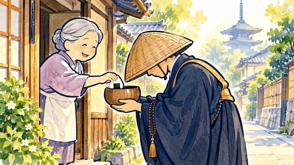 笠をかぶった僧侶が、家の前で高齢女性から托鉢の施しを受け取るイラスト