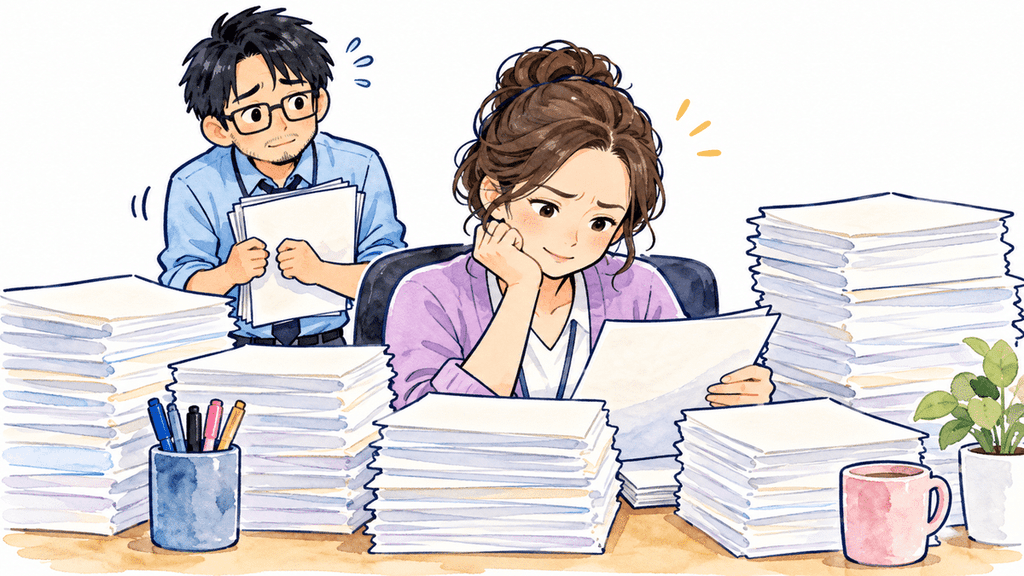 大量の書類に囲まれて仕事をする女性と、書類を抱えて声をかけるのをためらっているような男性のイラスト