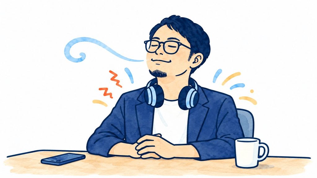 椅子に座り目を閉じてゆっくり呼吸し、気持ちを落ち着かせている男性のイラスト
