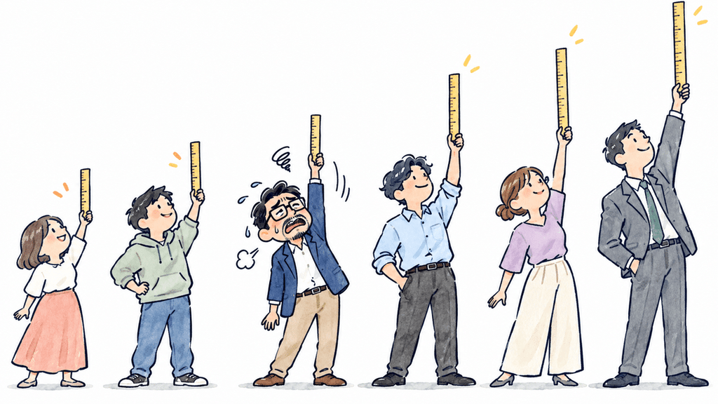 6人の男女がそれぞれ長さの異なる物差しを掲げ、自分の基準を表現しているイラスト