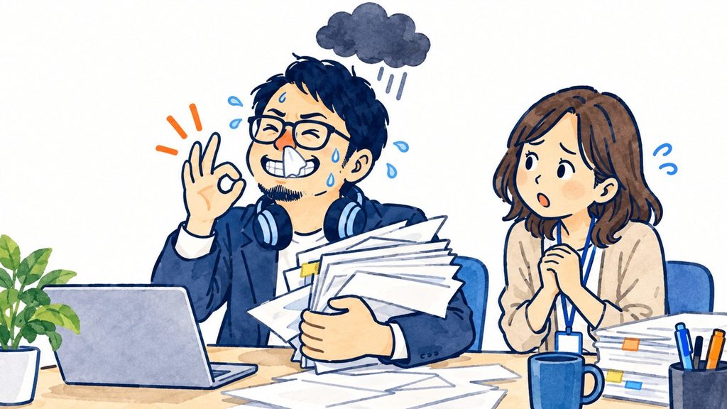 大量の書類を抱えて無理をしている男性と、心配そうに見守る女性のイラスト