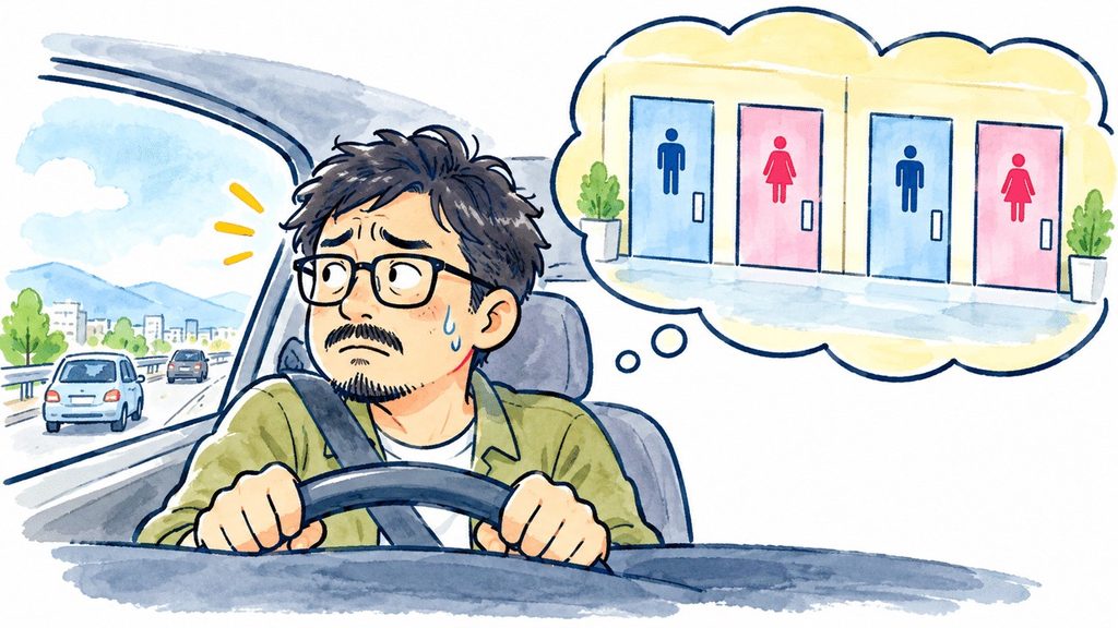 車を運転しながらトイレのことを考え、不安そうな表情を浮かべる眼鏡の男性のイラスト