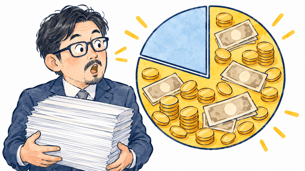 書類を抱えた男性と、経済的虐待が大きな割合を占めることを示す円グラフのイラスト