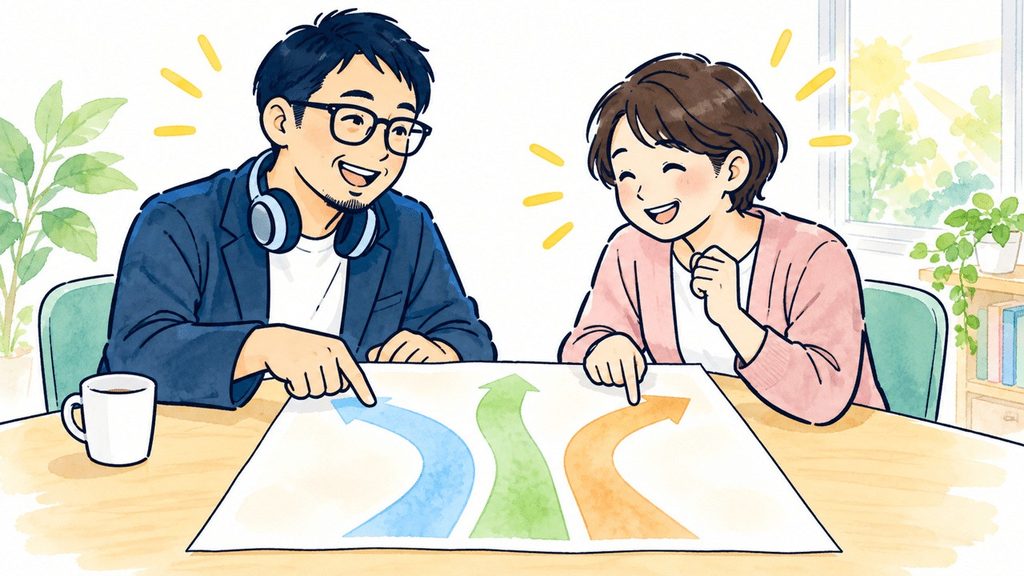 就労支援について、3つの進路を示す矢印の図を見ながら、自分に合った働き方を笑顔で相談する男女のイラスト