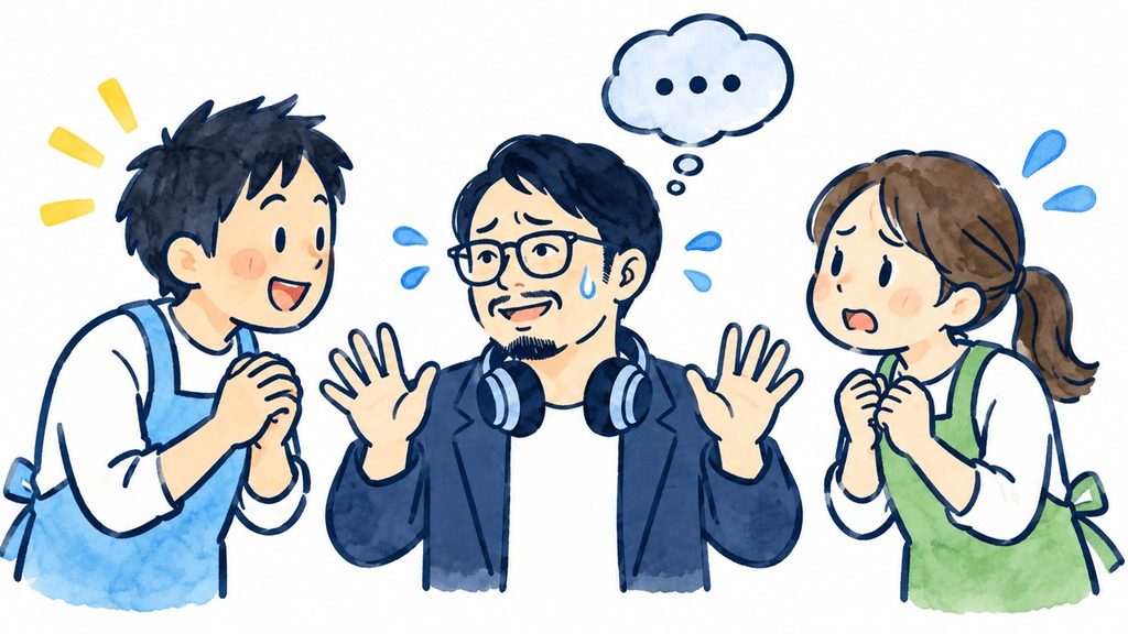 就労継続支援について、期待する男性と戸惑う男女が会話しているイラスト