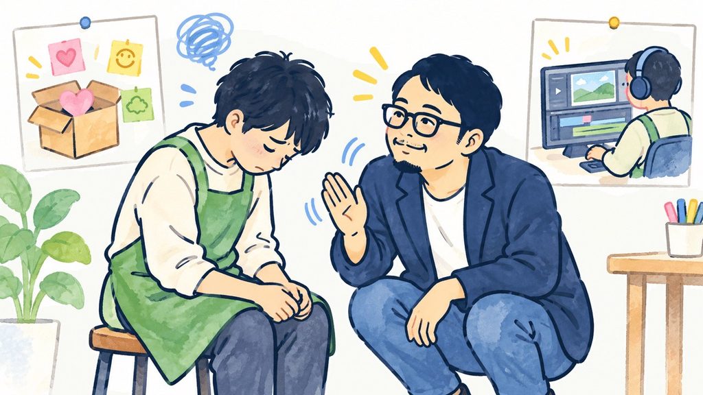 就労継続支援の利用者が働き方について悩み、支援員が寄り添いながら相談に応じているイラスト