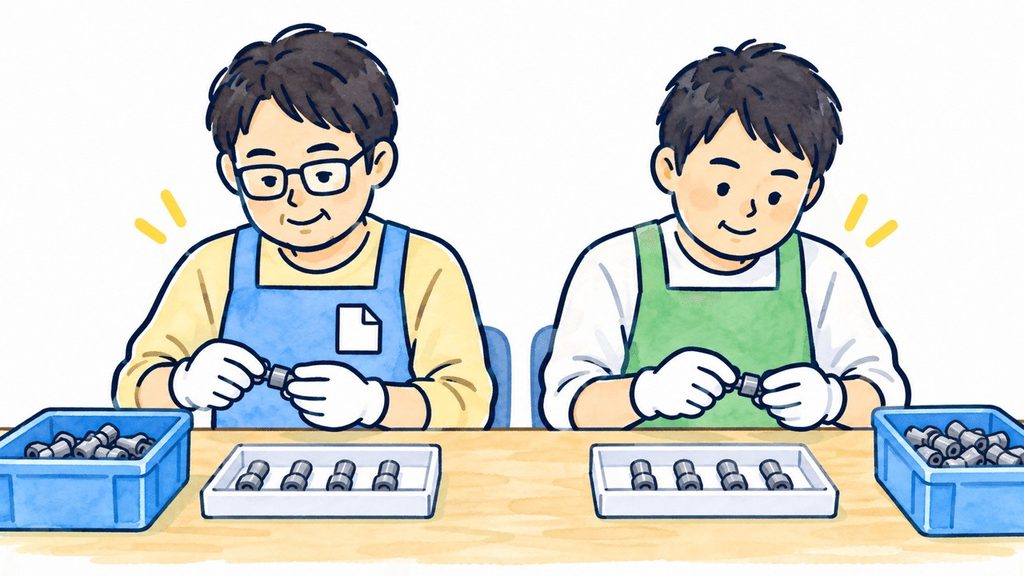 就労継続支援の作業場で、2人の利用者が部品の組み立て作業に取り組んでいるイラスト