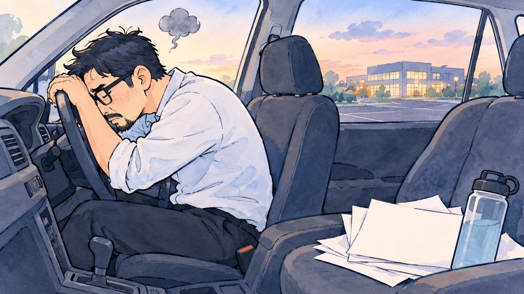 夕暮れの車内でハンドルに顔を伏せ、疲れた様子で落ち込む眼鏡の男性のイラスト