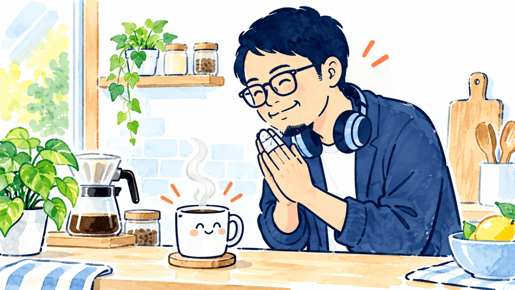 温かいコーヒーを前に手を合わせ、何気ない日常への感謝を感じる男性のイラスト
