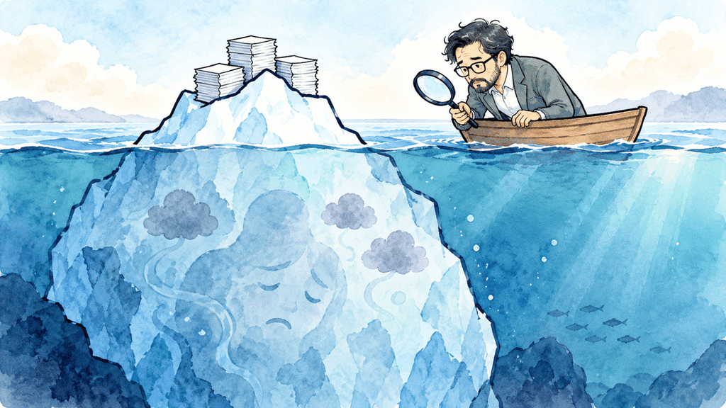 海面下の大きな氷山と、虫眼鏡でその一部を調べる男性のイラスト