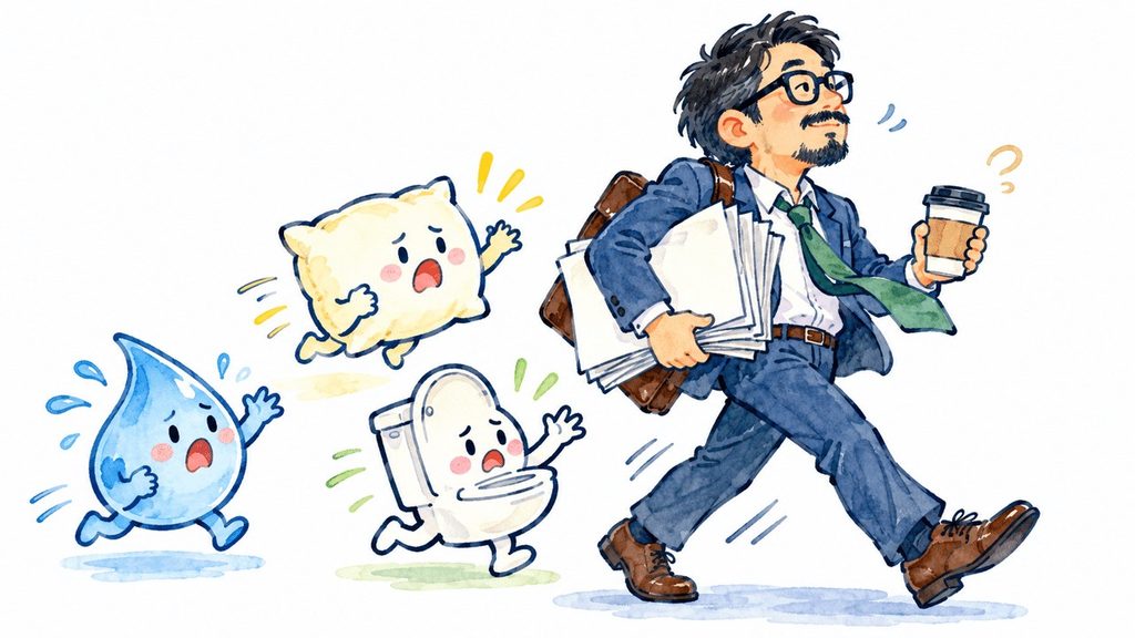 書類とコーヒーを持って急ぐ男性を、水滴やトイレットペーパーなどのキャラクターが追いかけ、身体の不調を知らせようとしているイラスト