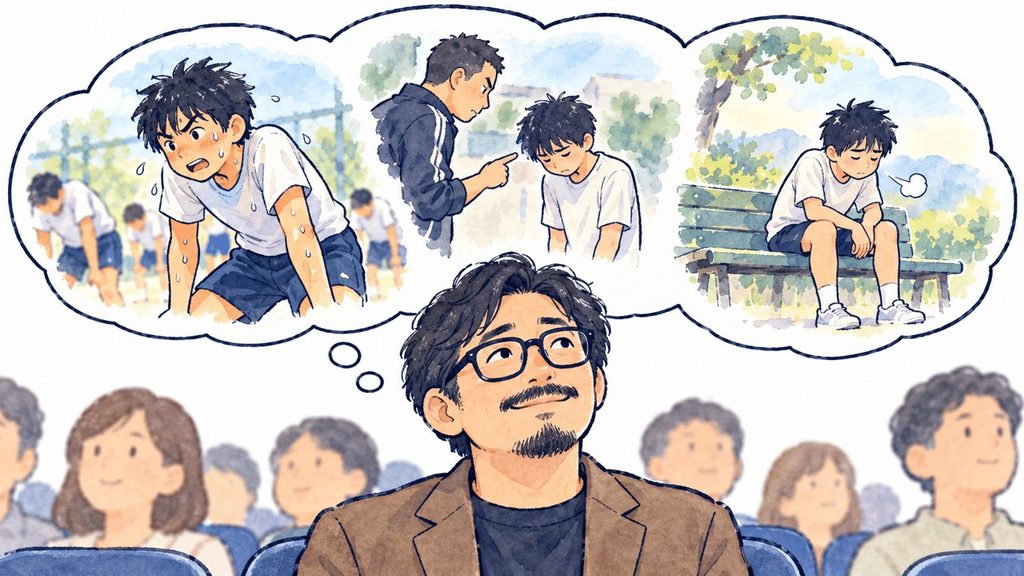 生徒たちが重ねてきた練習や悩みを想像しながら、客席で演奏を見守る父親のイラスト