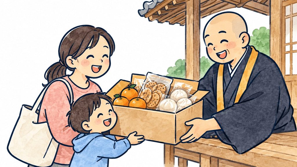 僧侶から果物や食べ物の入った箱を笑顔で受け取る母親と子どものイラスト