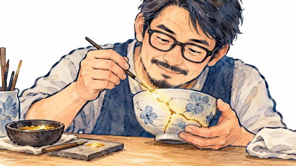 割れた陶器の器を筆と金色の材料で修復する金継ぎの様子を描いたイラスト