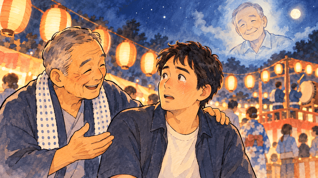 夏祭りの夜、提灯の明かりの下で高齢男性が若い男性の肩に手を置き、笑顔で語りかけるイラスト