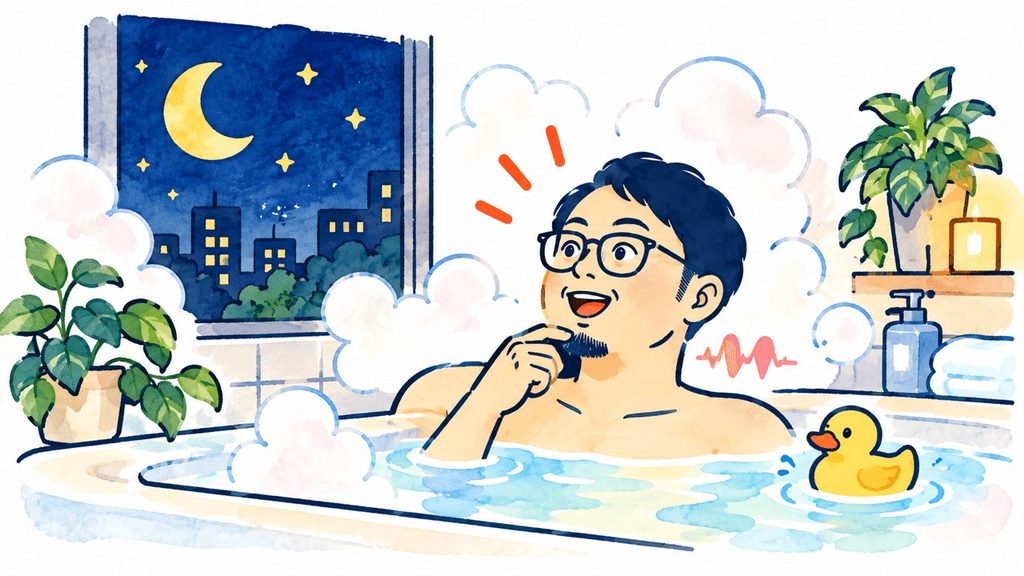 月や星が見える夜に、男性が湯船につかってリラックスしているイラスト