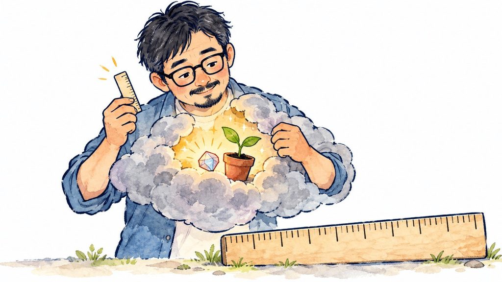 物差しを手にした眼鏡の男性が、胸元の雲の中で輝く小さな芽を見つめるイラスト