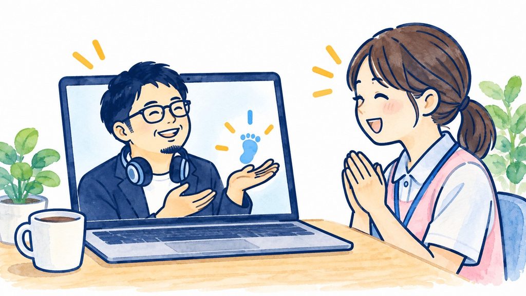 ノートパソコンの画面に映る男性と、笑顔でオンラインで会話する女性のイラスト