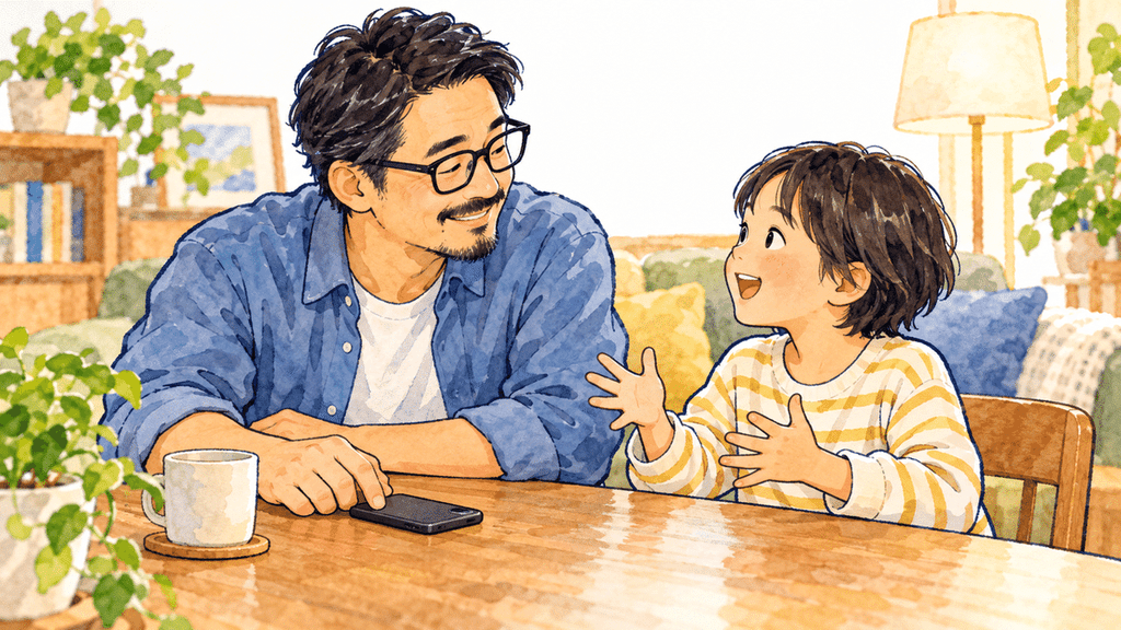 テーブルを挟んで父親が子どもに笑顔を向け、子どもも楽しそうに話しているイラスト
