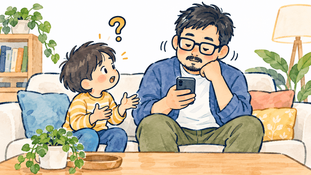 スマートフォンを見ながら頬杖をつく父親に、子どもが不思議そうに話しかけているイラスト