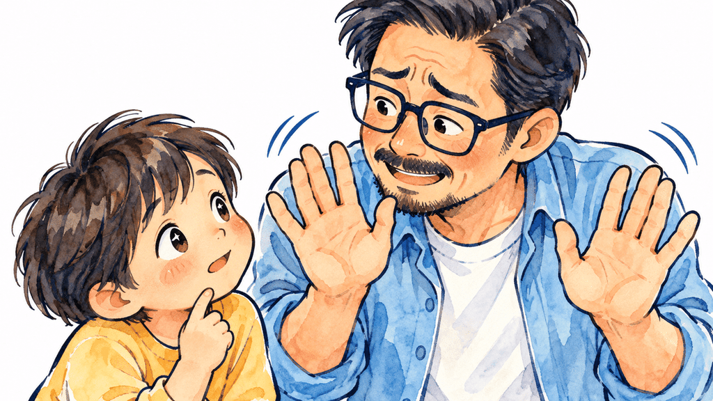 父親が両手を広げて表情豊かに話し、子どもが興味深そうに見つめているイラスト
