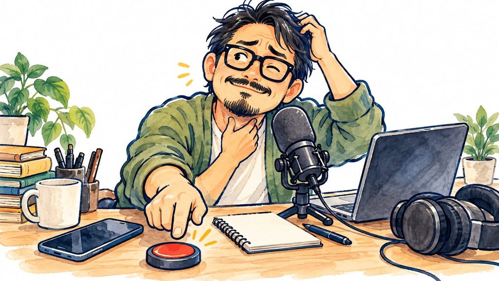 机に向かい、頭をかきながら発信内容を考える眼鏡をかけた男性のイラスト
