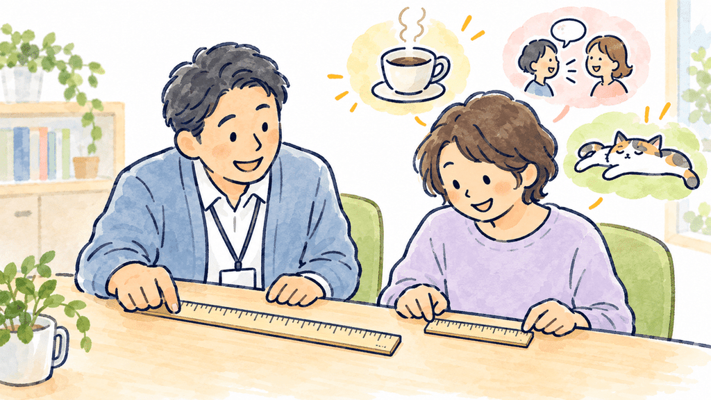 支援員と女性が机を挟んで物差しを手にし、日常の楽しみや大切にしたいことについて話し合うイラスト