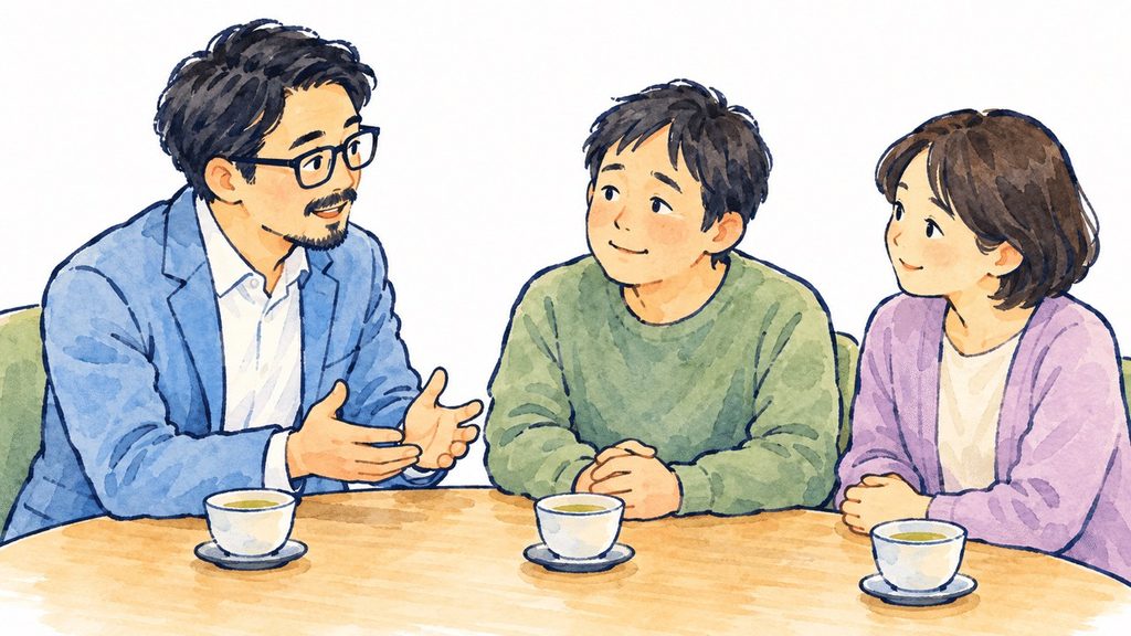 相談支援専門員と思われる男性が、男女2人の話を聞きながら支援について話し合っているイラスト